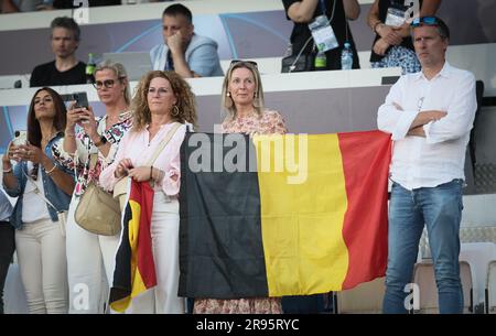 Tiflis, Georgia. 24. Juni 2023. Belgische Fans wurden während des zweiten Spiels der Gruppenphase (Gruppe A) zwischen Georgien und Belgien bei der UEFA-Europameisterschaft Under21 am Samstag, den 24. Juni 2023 in Tiflis (Georgien) abgebildet. Die UEFA-Europameisterschaft Under21 findet vom 21. Juni bis zum 08. Juli in Georgien und Rumänien statt. BELGA FOTO BRUNO FAHY Kredit: Belga News Agency/Alamy Live News Stockfoto