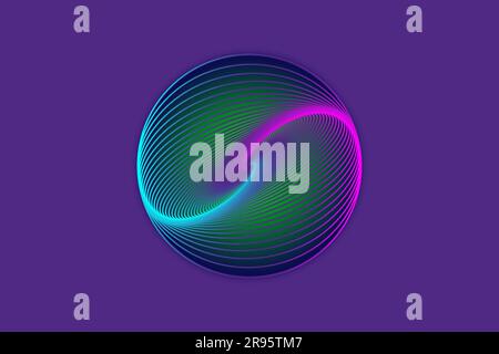 Kugelförmiges 3D-Design, eleganter, leuchtender Kreis mit Logo. Abstrakter Neontunnel. Verdrehte Linien. Spectrum Space Tunnel in blau und rosa, lebendige Farben. Vektor Stock Vektor