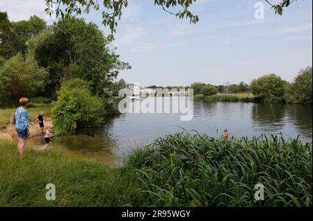 ChertSEY trifft sich mit Chertsey Bridge in der Ferne, Chertsey, Themse, Runnymede Borough Council, Surrey, England, Vereinigtes Königreich Stockfoto