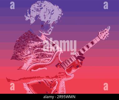 Seitenansicht eines Mannes, der Gitarre spielt, lila bis rot, zweifarbig Stock Vektor
