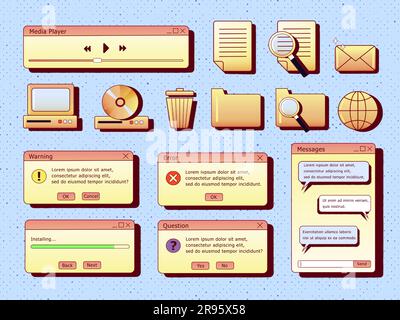 Set von Retro Vaporwave Desktop-Browser- und Dialogfenstervorlagen. 80s 90s alte Elemente der Computer-Benutzeroberfläche und klassische ästhetische Symbole. Nostalgi Stock Vektor