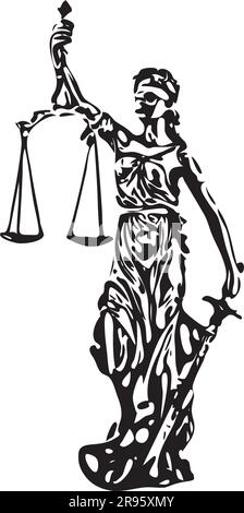 Schwarz-Weiß-Skizze der Lady Justice mit verbundenen Augen, mit Waage und Schwert - Vektorschablone Stock Vektor