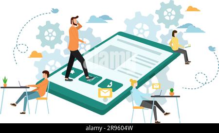 Ein Team von Menschen arbeiten kreativ zusammen riesige digitale Tabletten, wie Wolkenkratzer, Gebäude und Erstellung der Inhalte. Stock Vektor