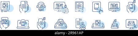 Satz von Symbolen für die elektronische Bibliothek. Lesen und Anhören von E-Books über Smartphone oder Laptop. Pixelgenaue Symbole Stock Vektor