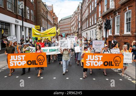 London, Großbritannien. 24. Juni 2023 "Just Stop Oil and Etinction Rebellion" marschiert vom Parliament Square ins Innenministerium gegen die mögliche Deportation von Marcus Decker aus dem Vereinigten Königreich. Marcus Decker wurde im Oktober 2022 für fast 3 Jahre ins Gefängnis gesteckt, weil er die Dartford Bridge erklommen hatte. Kredit: Andrea Domeniconi/Alamy News Stockfoto