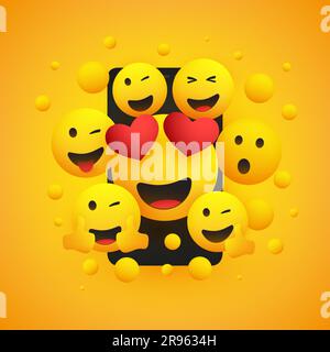 Verschiedene Lächeln Happy Yellow Emoticons Design, Gruppe lustiger Menschen vor einem Smartphone Bildschirm, Vektorkonzept Illustration Stock Vektor
