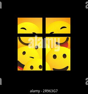 Bleiben Sie zu Hause - Einfache Emoticons Sehen Sie durch das Fenster - Home Quarantine - Vektorkonstruktion auf gelbem Hintergrund Stock Vektor