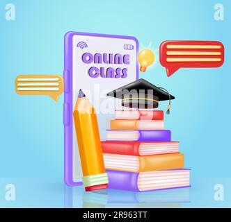 Online-Lernkurs auf dem Mobiltelefon mit 3D Vektorelementen aus Büchern, Bleistiften, Textballons, Lampe und Graduierungskappe. Smartphone-Backgroun Stock Vektor