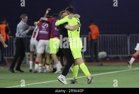 Tiflis, Georgia. 24. Juni 2023. Georgiens Cheftrainer Ramaz Svanadze feiert während des zweiten Spiels der Gruppenphase (Gruppe A) zwischen Georgien und Belgien bei der UEFA-Europameisterschaft Under21 am Samstag, den 24. Juni 2023 in Tiflis (Georgien). Die UEFA-Europameisterschaft Under21 findet vom 21. Juni bis zum 08. Juli in Georgien und Rumänien statt. BELGA FOTO BRUNO FAHY Kredit: Belga News Agency/Alamy Live News Stockfoto