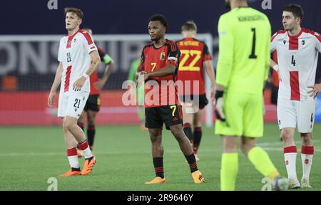 Tiflis, Georgia. 24. Juni 2023. Die belgische Lois Openda sieht nach dem zweiten Spiel der Gruppenphase (Gruppe A) zwischen Georgien und Belgien bei der UEFA-Europameisterschaft Under21 am Samstag, den 24. Juni 2023 in Tiflis (Georgien) deprimiert aus. Die UEFA-Europameisterschaft Under21 findet vom 21. Juni bis zum 08. Juli in Georgien und Rumänien statt. BELGA FOTO BRUNO FAHY Kredit: Belga News Agency/Alamy Live News Stockfoto