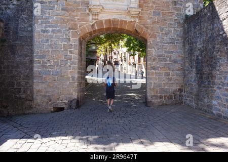 Pamplona, Spanien - Juli 31: Ankunft durch das mittelalterliche französische Tor, im spanischen Portal de Francia Stockfoto