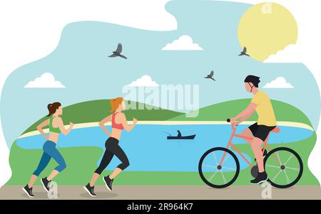 Cartoon Flat Active People City Bewohnern Illustration. Vector Männlich und Weiblich Sporty Charaktere fahren Fahrrad, Ging Scooter und Laufen. Gesund Stock Vektor