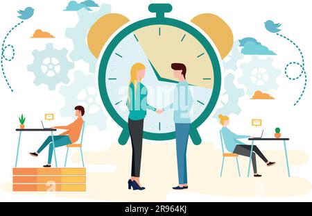 Zeitmanagement, Kontrolle. Vektordarstellung flache Konstruktion. Isoliert im Hintergrund. Ein Geschäftsmann läuft mit einer Uhr. Stock Vektor