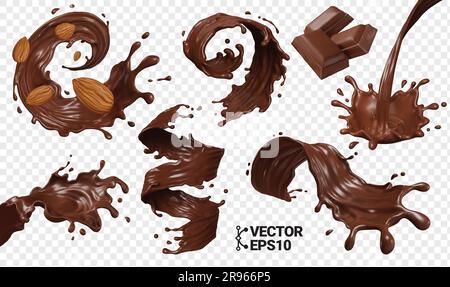 3D-Schokoladenspritzer isolieren realistische Vektor-EPS-Sets, in denen Schokoladenriegel wirbeln und Tropfen fallen Stock Vektor