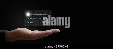 Digitale ID-Karte, elektronische Identifikation. E-ID-Smartcard, an der Hand eines Mannes. Eine digitale Lösung zum Identitätsnachweis. Technologie und Wirtschaft Stockfoto