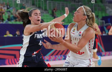 Ljubljana, Slowenien. 24. Juni 2023. Die französische Marine Fauthoux und die belgische Julie Allemand kämpfen um den Ball während eines Basketballspiels zwischen der belgischen Nationalmannschaft "die belgischen Katzen" und Frankreich, am Samstag, den 24. Juni 2023 in Ljubljana, Slowenien, im Halbfinale der FIBA Women EuroBasket 2023 Europameisterschaft in Israel und Slowenien. BELGA PHOTO VIRGINIE LEFOUR Kredit: Belga News Agency/Alamy Live News Stockfoto