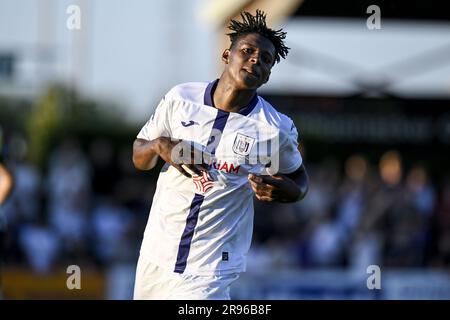 Oudenaarde, Belgien. 24. Juni 2023. Anderlechts Nilson Angulo wurde während eines freundlichen Fußballspiels zwischen dem First Division Club RSC Anderlecht und KSV Oudenaarde am Samstag, den 24. Juni 2023, in Oudenaarde in Vorbereitung auf die kommende Saison 2023-2023 in Aktion gezeigt. BELGA FOTO TOM GOYVAERTS Kredit: Belga News Agency/Alamy Live News Stockfoto