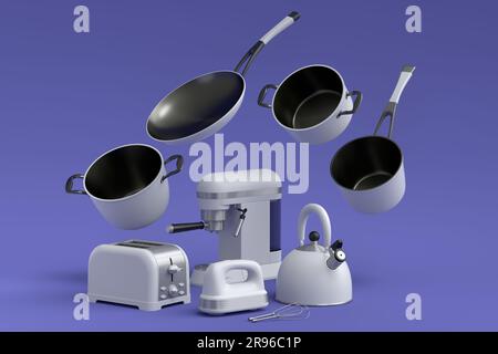 Espressomaschine, Handmixer, Wasserkocher und Toaster zur Zubereitung des Frühstücks auf violettem Hintergrund. 3D Rendering der Kaffeekanne für die Zubereitung von Latte-Kaffee Stockfoto