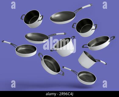 Set aus fliegendem Edelstahl-Stewpot, Bratpfanne und verchromtem Aluminium-Kochgeschirr auf violettem Hintergrund. 3D-Darstellung antihaftbeschichteter Küchenutensilien Stockfoto