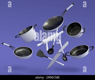 Set aus fliegendem Edelstahl-Stewpot, Bratpfanne und verchromtem Aluminium-Kochgeschirr auf violettem Hintergrund. 3D-Darstellung antihaftbeschichteter Küchenutensilien Stockfoto