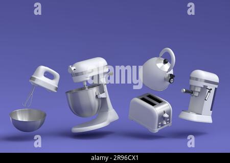 Espressomaschine, Handmixer, Wasserkocher und Toaster zur Zubereitung des Frühstücks auf violettem Hintergrund. 3D Rendering der Kaffeekanne für die Zubereitung von Latte-Kaffee Stockfoto