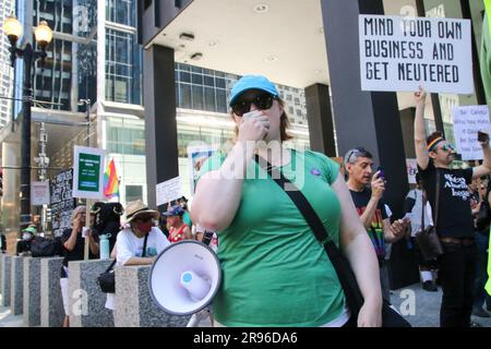 Trans- und LGBTQ-Aktivisten haben sich zusammengeschlossen, um gegen die Dobbs-Entscheidung zu protestieren, die vor einem Jahr während eines schwestermarsches für den National Day of Action vom Women's March National in der Innenstadt von Chicago am 24. Juni 2023 getroffen wurde. Vor einem Jahr hat der Oberste Gerichtshof in dieser Woche seine Dobbs-Entscheidung erlassen, die bedeutete, dass Millionen von Amerikanern keinen garantierten Zugang zur Abtreibungsbetreuung mehr hatten. (Foto: Alexandra Buxbaum/Sips USA) Guthaben: SIPA USA/Alamy Live News Stockfoto