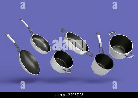 Set aus fliegendem Edelstahl-Stewpot, Bratpfanne und verchromtem Aluminium-Kochgeschirr auf violettem Hintergrund. 3D-Darstellung antihaftbeschichteter Küchenutensilien Stockfoto