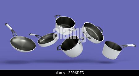 Set aus fliegendem Edelstahl-Stewpot, Bratpfanne und verchromtem Aluminium-Kochgeschirr auf violettem Hintergrund. 3D-Darstellung antihaftbeschichteter Küchenutensilien Stockfoto