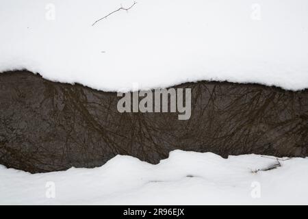 Ein ungefrorener Strom mitten im Winter, der Klimawandel Stockfoto