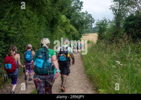 Cirencester, England, Samstag, 24. Juni 2023. Die Wettkämpfer laufen auf der Cotswold Way Ultra Challenge; ein Walking-and-Running-Event bis ZU 100km KM durch die Cotswolds. Kredit: Lu Parrott / Alamy Live News Stockfoto