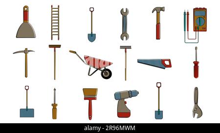 Ein großer Satz von Symbolen für Bau, Sanitär, Garten, Reparatur, Werkzeuge: Schaufel, Schraubenschlüssel Multimeter, Säge, Hammer, Bürste, Mopp, Rechen, Trolley, Spachtel, Stock Vektor