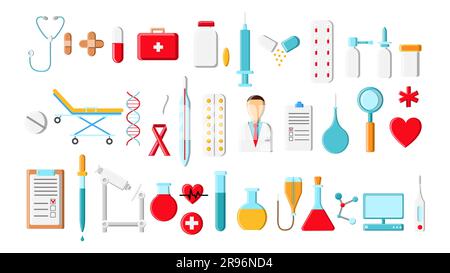 Thermometertabletten sind ein großes, schönes, farbenfrohes Set von medizinischen Artikeln und Werkzeugen einer Apotheke oder Arztpraxis und spritzen Medikamentenflaschen auf einem Stock Vektor
