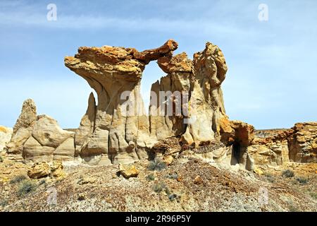 Arch, versteinertes Holz, Hoodoos, De-Na-Zin Wilderness, San Juan Basin, New Mexico, USA Stockfoto