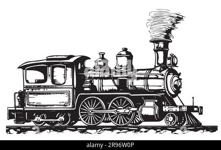 Dampflokomotive mit Blick auf die Vintage-Seite, handgezeichnete Zeichnung in Doodle-Stil-Illustration Stock Vektor