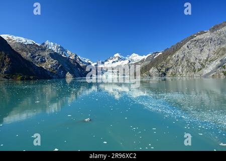 Spektakuläre johns hopkins Gletscher und Berggipfel der fairweather Range an einem sonnigen Sommertag im Glacier Bay National Park im Südosten alaskas Stockfoto