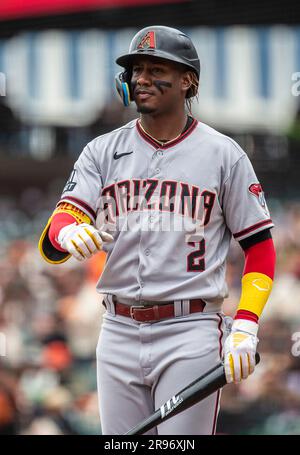 Juni 24 2023 San Francisco CA, USA Arizona Shortstop Geraldo Perdomo (2) im Oracle Park San Francisco Calif beim MLB NL West Game zwischen den Arizona Diamondbacks und den San Francisco Giants Thurman James/CSM Stockfoto