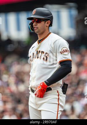 Juni 24 2023 San Francisco CA, USA Der San Francisco Fänger Blake Sabol (2) im Oracle Park San Francisco Calif. Beim MLB NL West Game zwischen den Arizona Diamondbacks und den San Francisco Giants Thurman James/CSM Stockfoto