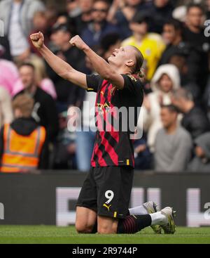 Erling Braut Haaland aus man City während des Premier League-Spiels zwischen Fulham und Manchester City im Craven Cottage, London, England On Stockfoto