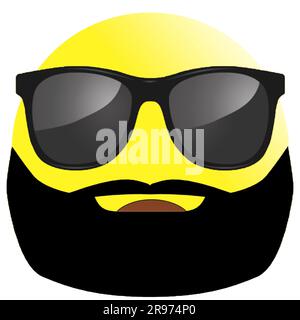 emoticon-Symbol. Mode-Emoticon. Emoticon mit Sonnenbrille, Schnurrbart und Bart. Gelbes Symbol. Stockfoto
