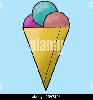 Darstellung in flacher Form. Drei Bälle Eiscreme in einer Waffeldose. Zum Erstellen von Aufklebern, Symbolen, Menüdesigns, Verpackungen. Isoliert auf blauem Hintergrund Stockfoto