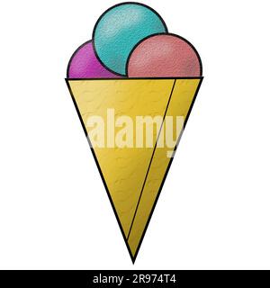 Ertränke die Eiscreme mit drei Kugeln. Gebürstetes Eishorn isoliert auf weißem Hintergrund mit bunten Sternen. Waffel-Dessert-Ikone in Pink Stockfoto