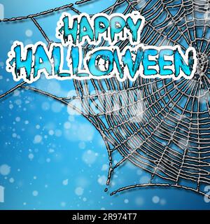 Halloween Grußkarte mit wütenden Spinnen, Netz und schwarzem Pinsel-Schriftzug auf blauem Hintergrund mit Bokeh-Elementen. Dekoration für Poster, Banner, Flyer Stockfoto