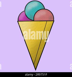 Auf violettem Hintergrund aus einem Eiskonus mit drei bunten Kugeln. Stockfoto