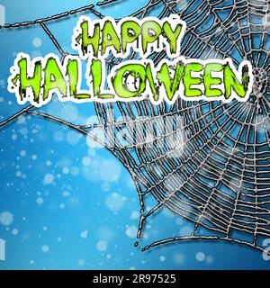Halloween Grußkarte mit wütenden Spinnen, Netz und schwarzem Pinsel-Schriftzug auf blauem Hintergrund mit Bokeh-Elementen. Dekoration für Poster, Banner, Flyer Stockfoto