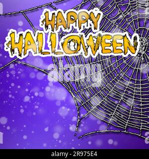 Halloween Grußkarte mit wütenden Spinnen, Netz und schwarzem Pinsel-Schriftzug auf blauem Hintergrund mit Bokeh-Elementen. Dekoration für Poster, Banner, Flyer Stockfoto