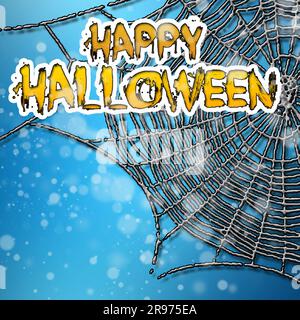 Halloween Grußkarte mit wütenden Spinnen, Netz und schwarzem Pinsel-Schriftzug auf blauem Hintergrund mit Bokeh-Elementen. Dekoration für Poster, Banner, Flyer Stockfoto