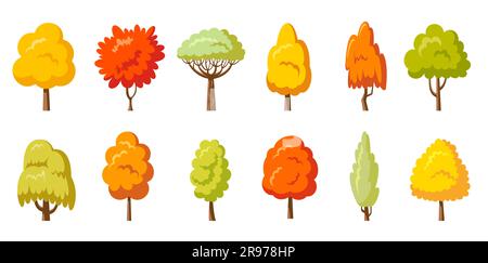 Baumset im Herbstpark. Fallgelbe Pflanzen, Seitenansicht. Arboretum Weideneiche Pappelbirke. Cartoon mit verschiedenen Orangenwäldern. Botanischer Naturgarten Ahorn Aspen Alder Asche Linden Akazienkastanie Ulme Stock Vektor