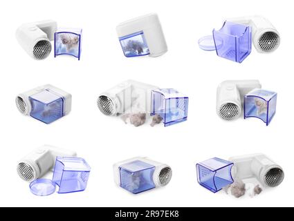 Collage mit Textilrasierer isoliert auf weiß Stockfoto