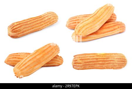 Collage mit leckeren Eclairs auf weißem Hintergrund Stockfoto