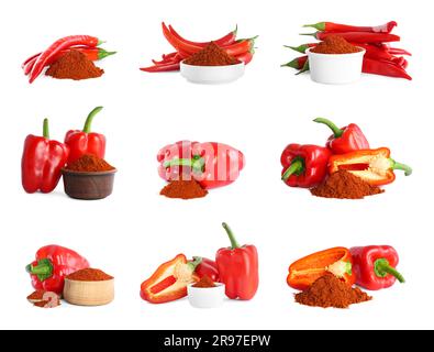 Collage mit aromatischem Paprikapulver und verschiedenen frischen Paprika auf weißem Hintergrund Stockfoto